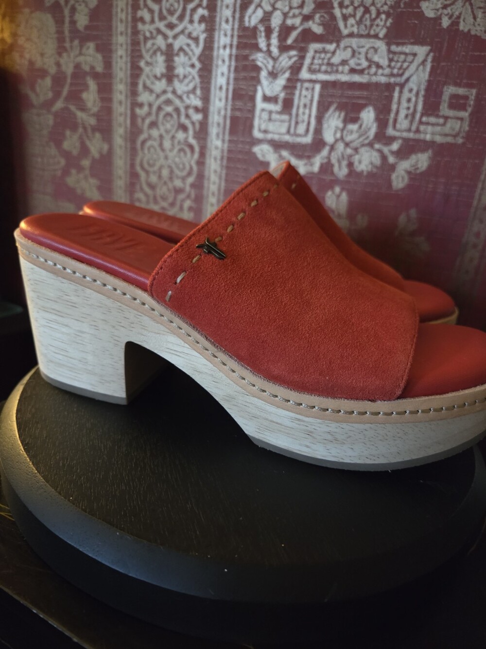 Frye Hazel Red Leather Chunky Heel Slides